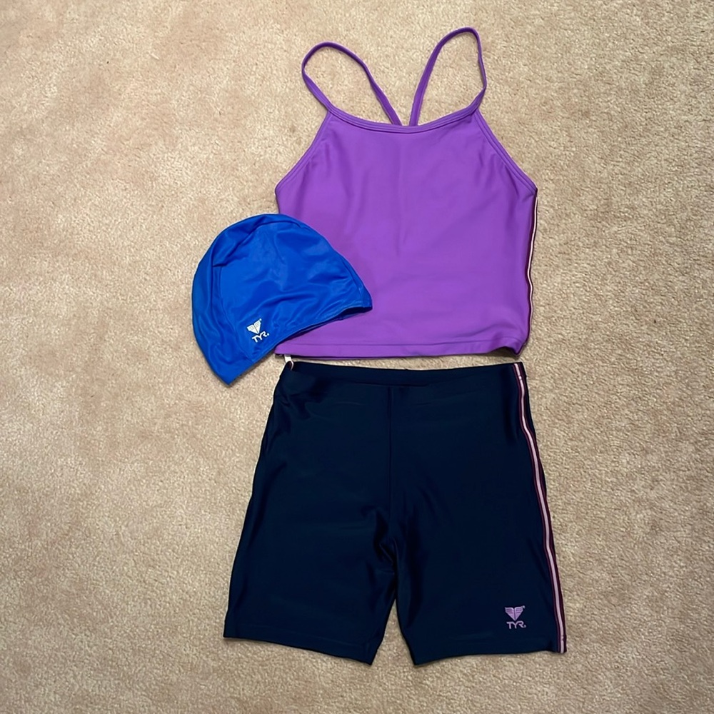 TYR Girl’s Size L 2 pcs Swimsuit and a TYR Swim Cap